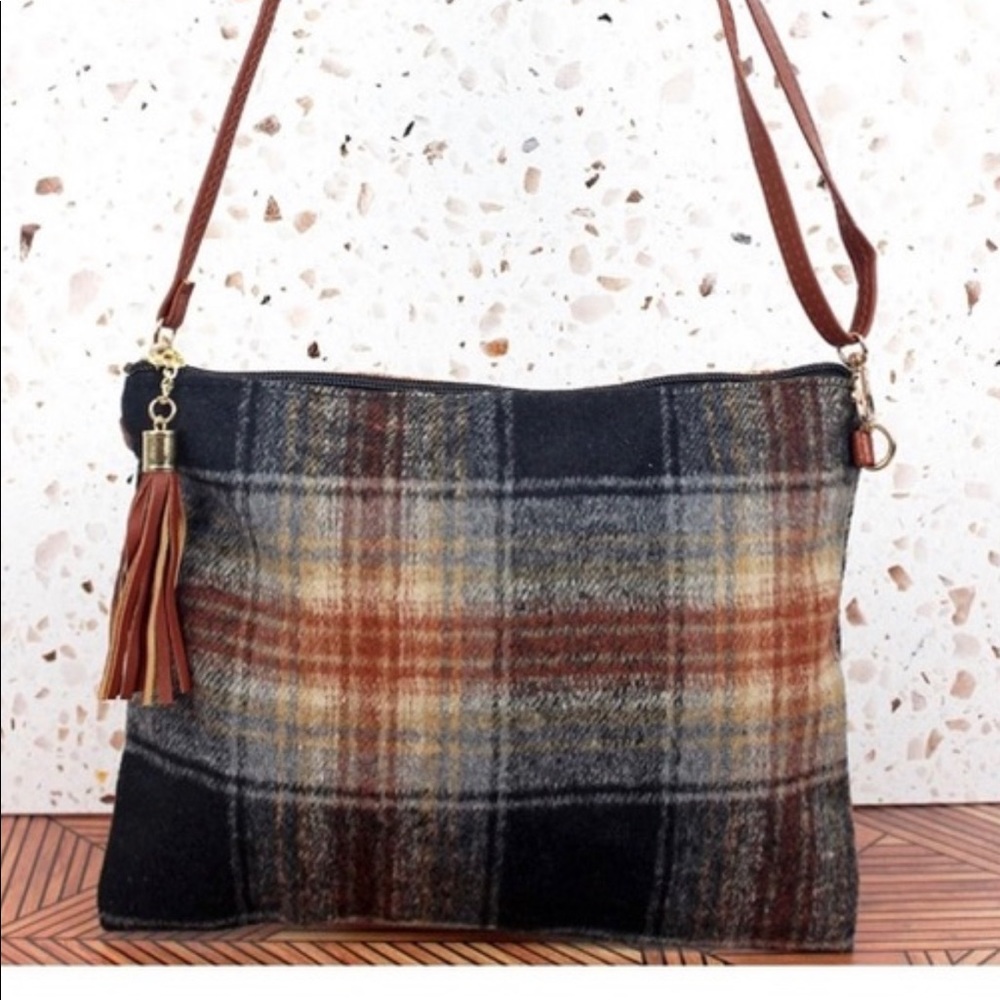 Plaid Wool Crossbody Clutch with Tassel - Brown Multi